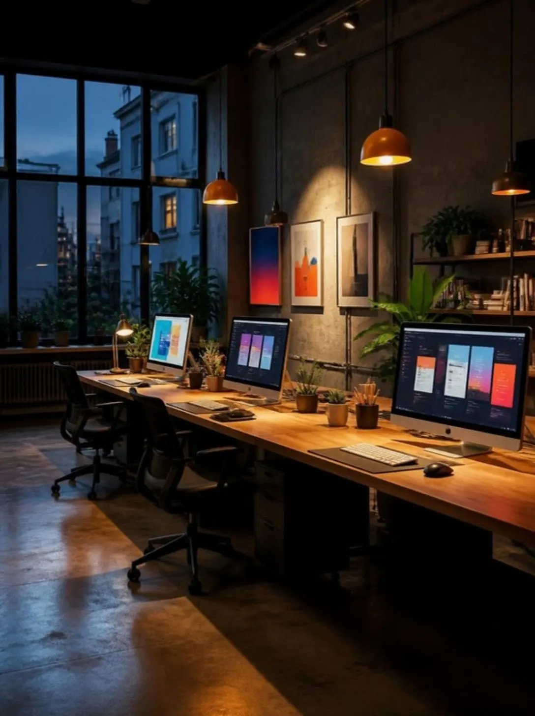 Design studio interior in the evening with monitors and pendant lights