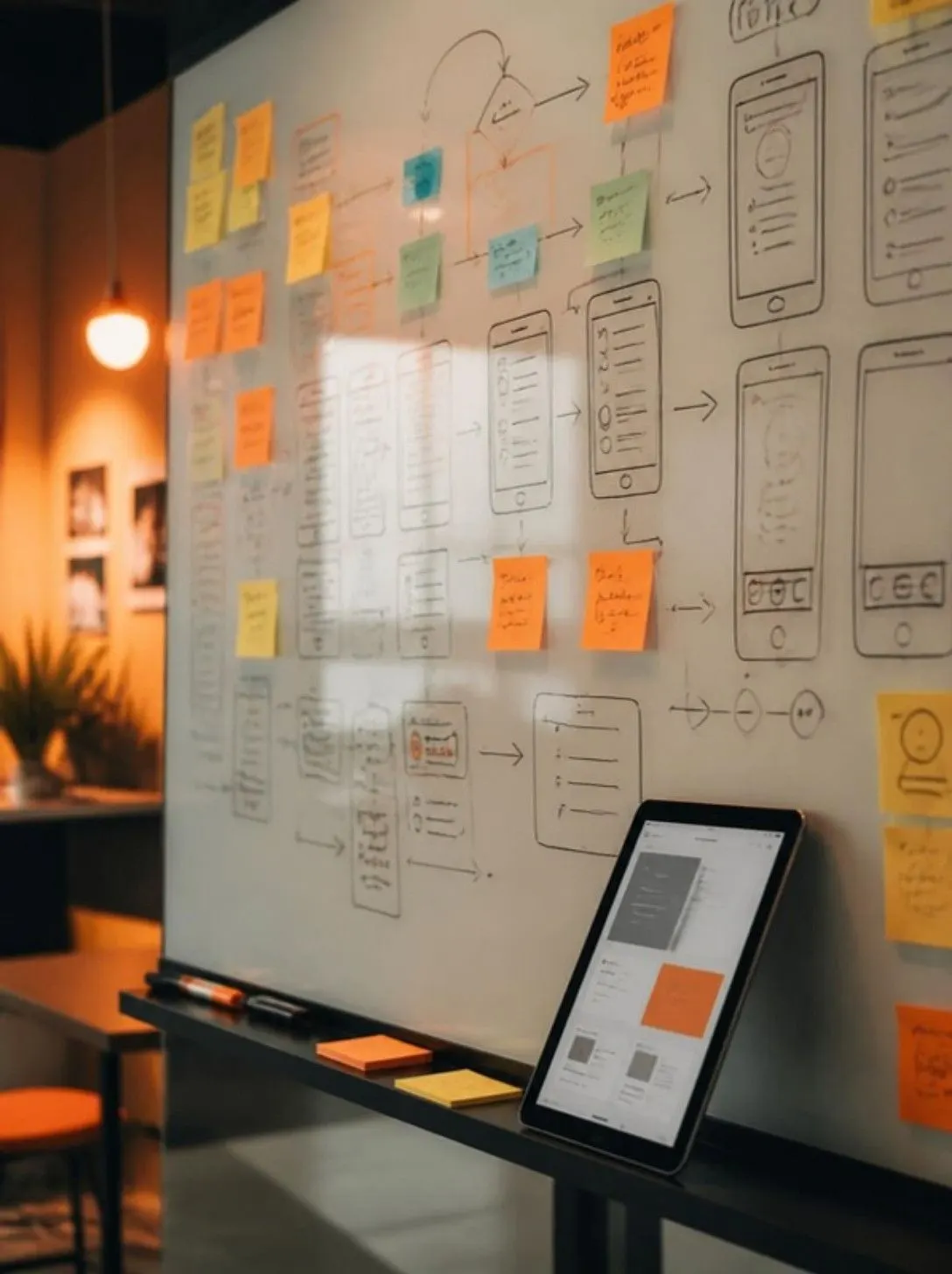 Whiteboard of app wireframes and sticky notes beside a tablet