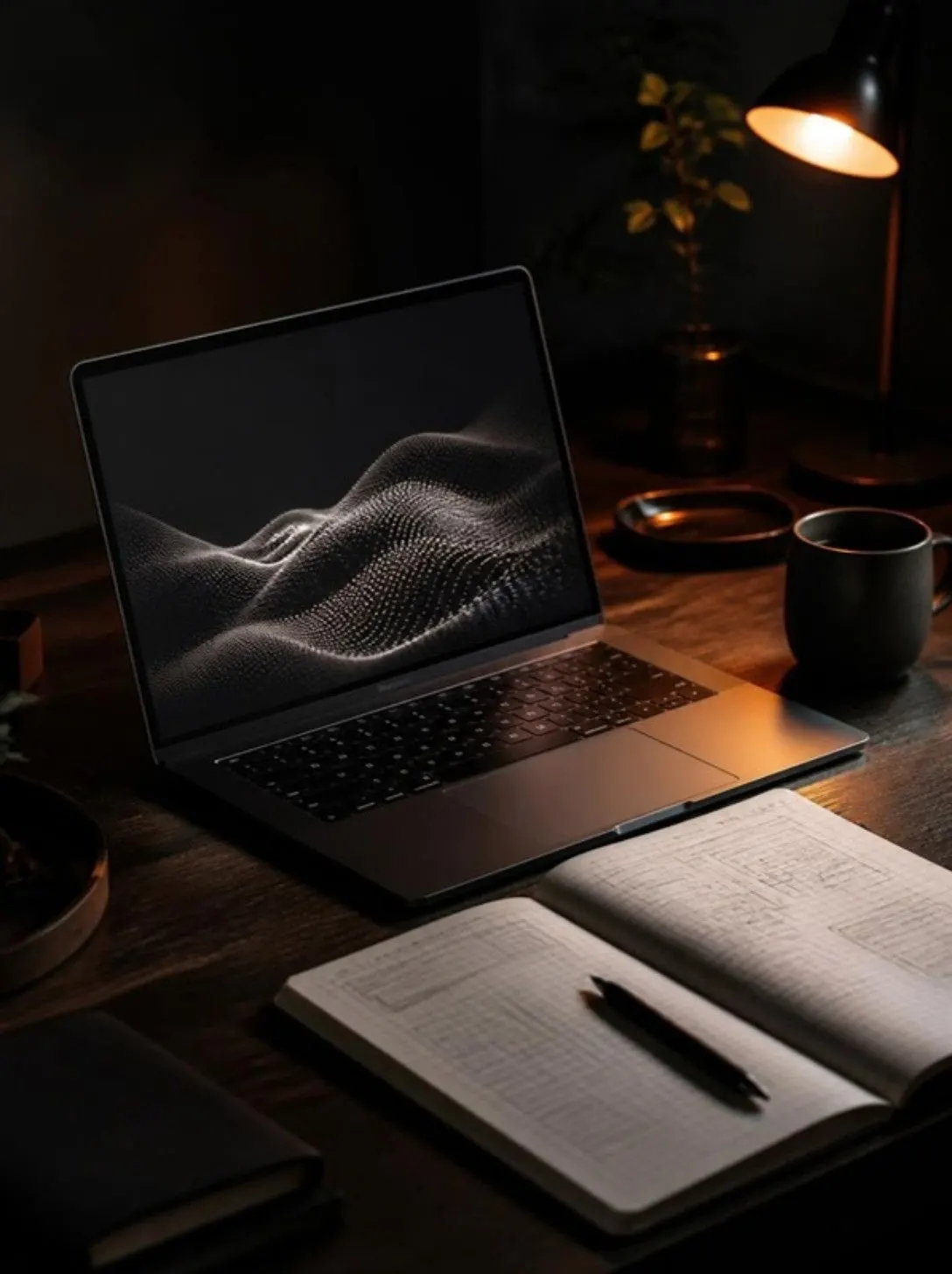 Laptop and open notebook under a warm desk lamp