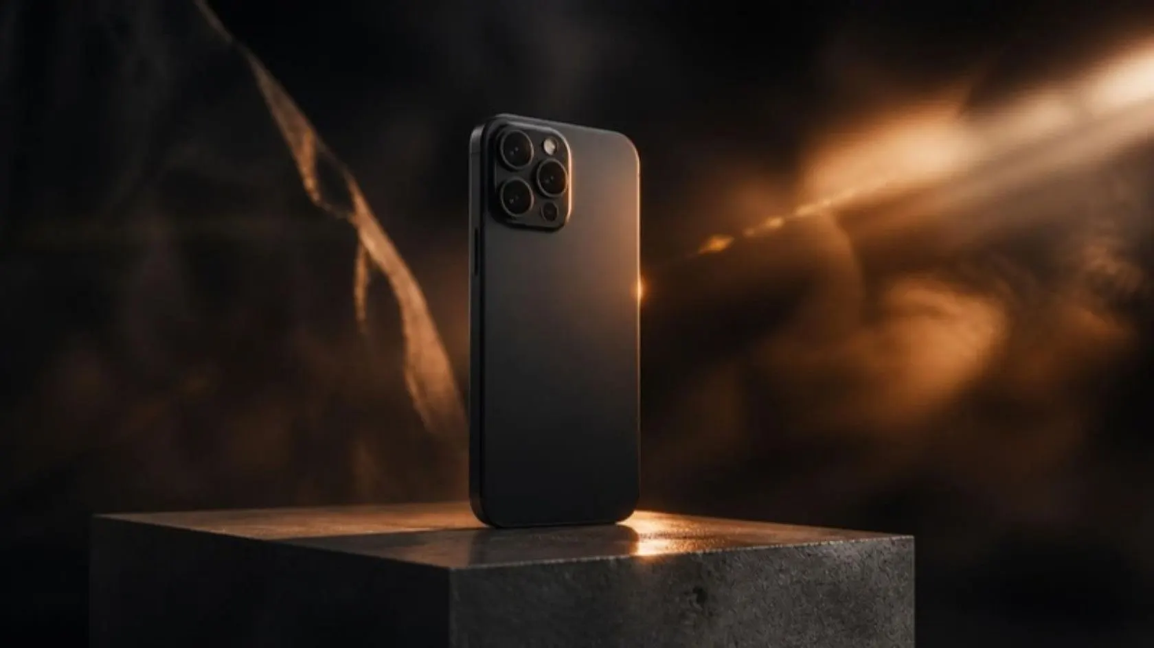 Phone on a concrete plinth lit by warm orange light, campaign film still