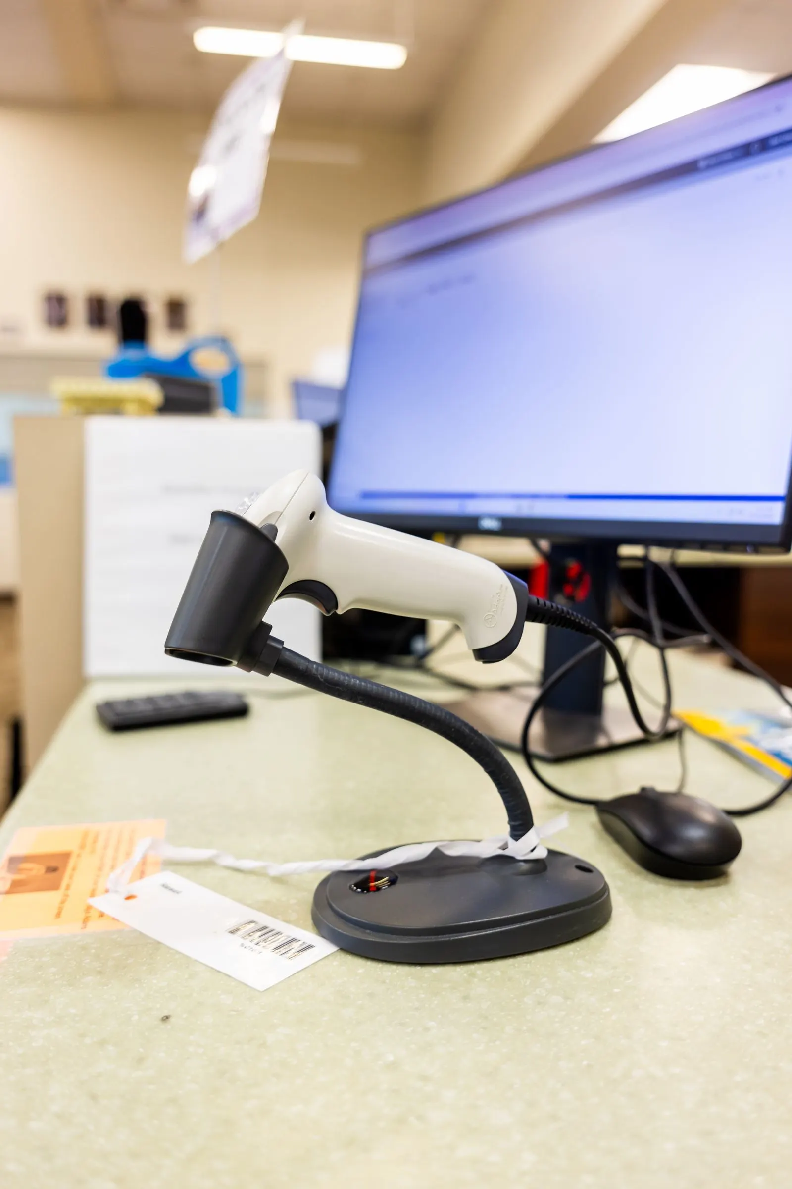 Barcode scanner on a shop counter